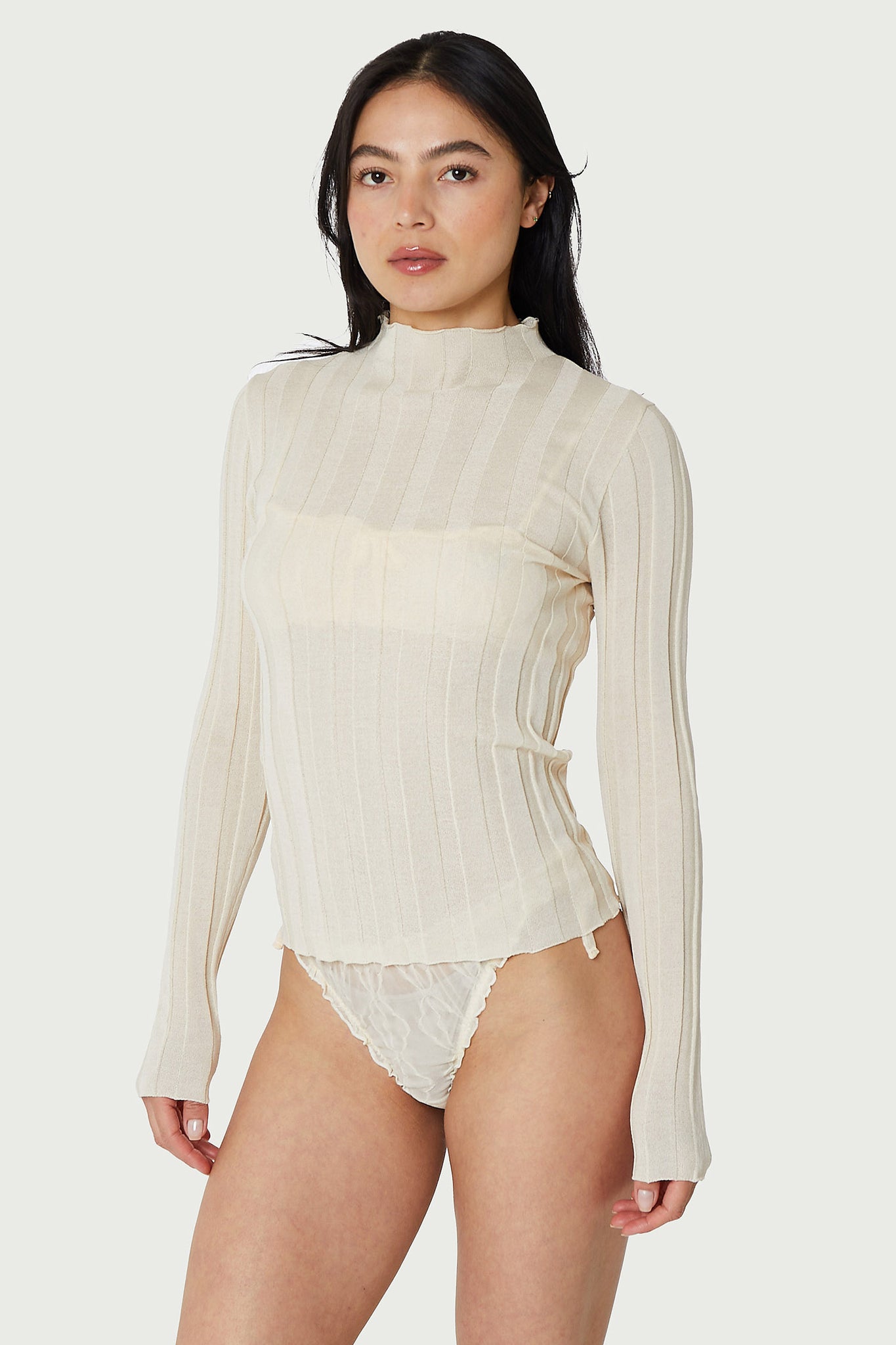 Light Weight Wide Ribbed Knit Mock Neck Top