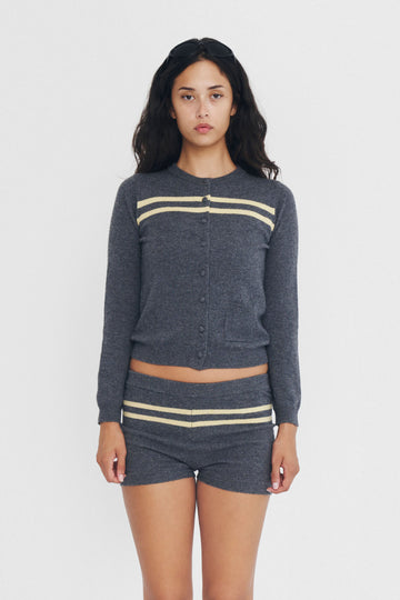 Cashmere Wool Stripe Cardigan in Black Sesame Butter