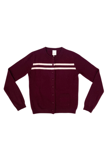 CASHMERE WOOL STRIPE CARDIGAN IN RASPBERRY CREAM