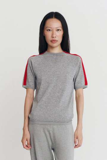 STRIPE RAGLAN SHORT SLV TOP IN CHARCOAL AND SCARLET