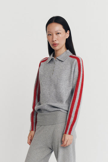 RAGLAN STRIPE KNIT POLO IN CHARCOAL AND SCARLET