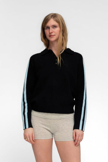 RAGLAN STRIPE KNIT POLO IN ESPRESSO AND POWDER BLUE