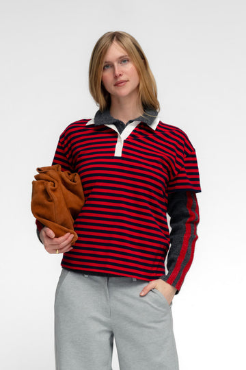 WOOJU T-SHIRT POLO IN SCARLET STRIPE