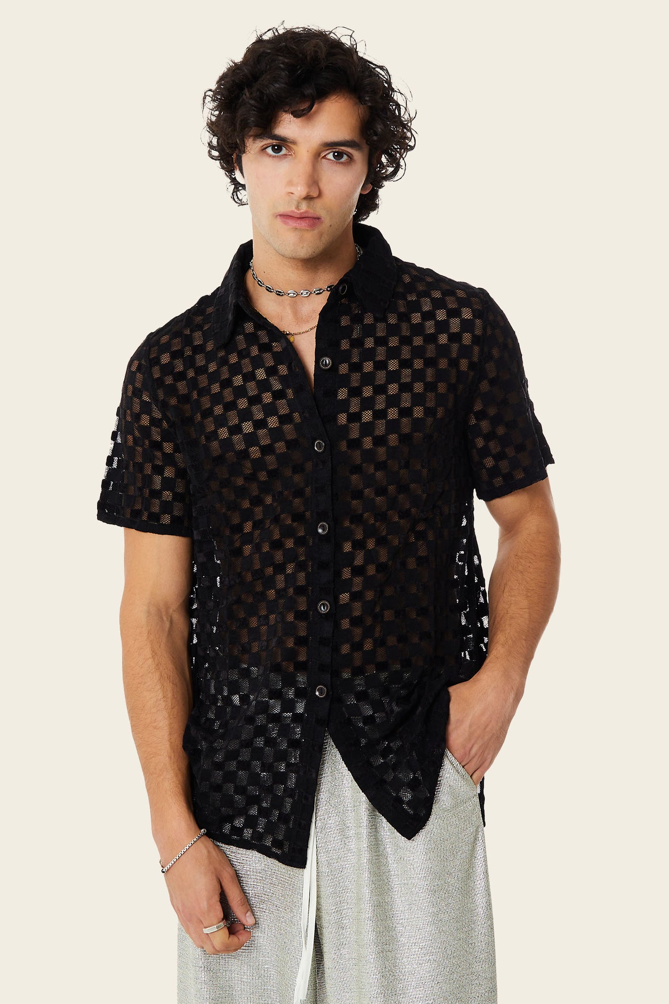 Harmony Checkered Mesh Button Down