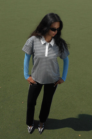 WOOJU T-SHIRT POLO IN HEATHER GRAY STRIPE