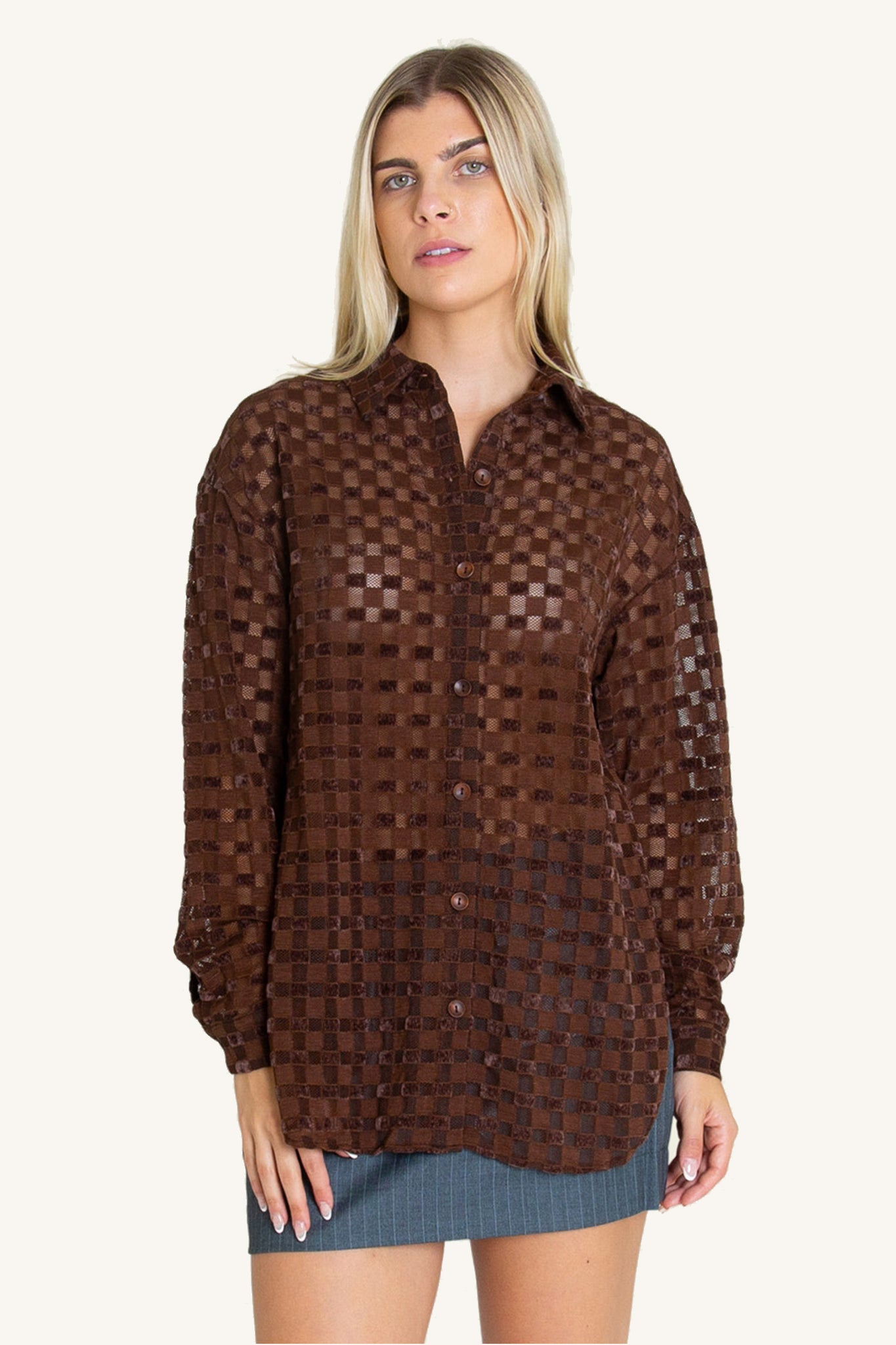 Harmony Checkered Mesh Long Slv Button Down