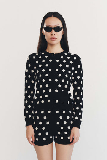 Cashmere Wool Stripe Cardigan In Black Polka Dot