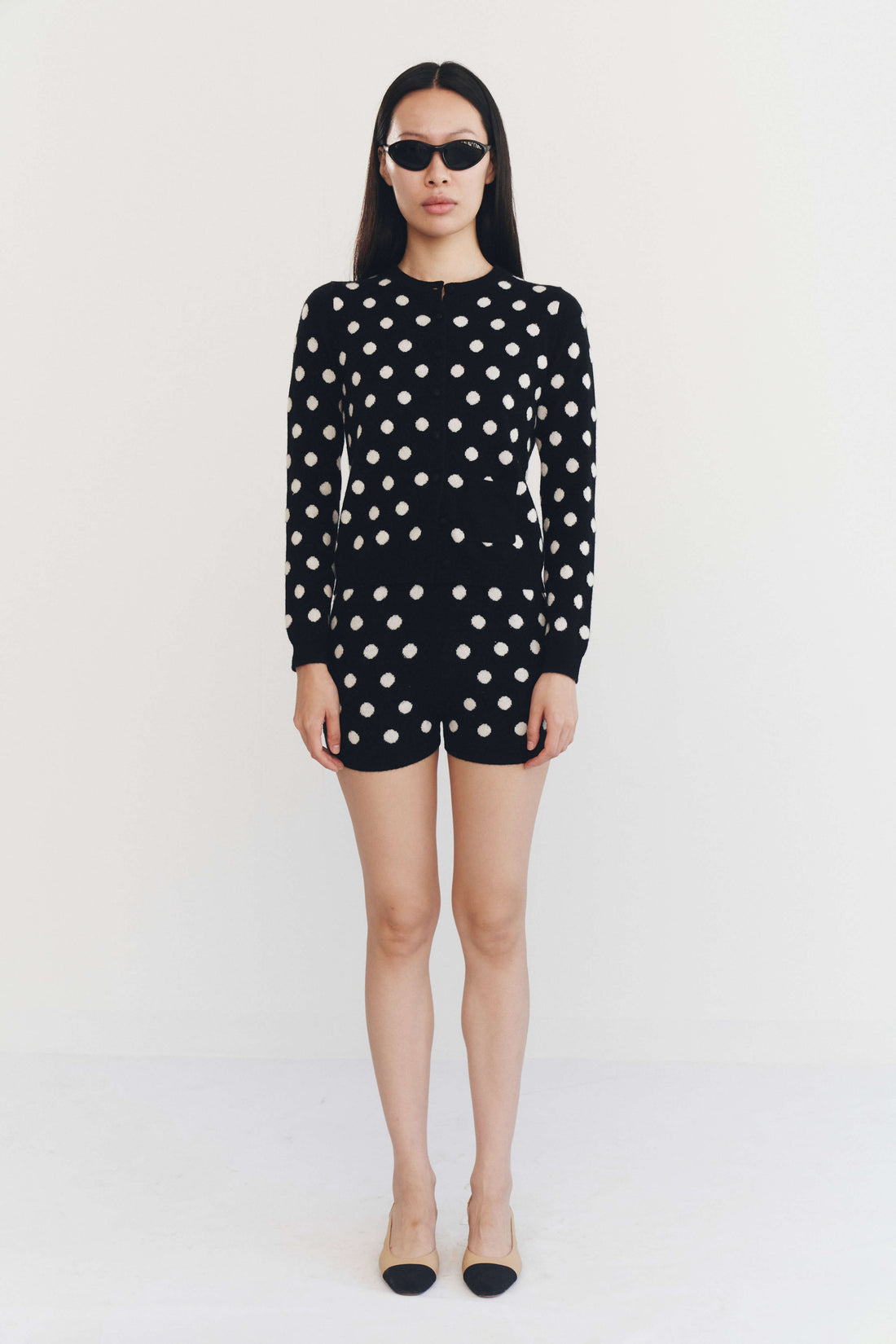 Cashmere Wool Stripe Cardigan In Black Polka Dot
