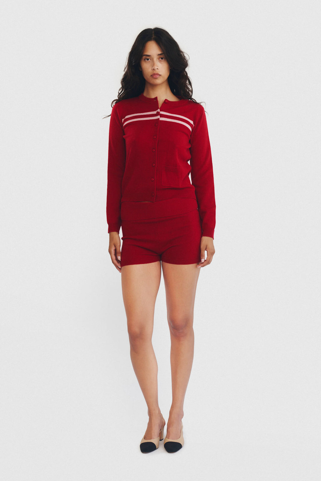 Cashmere Wool Stripe Cardigan In Candy Apple