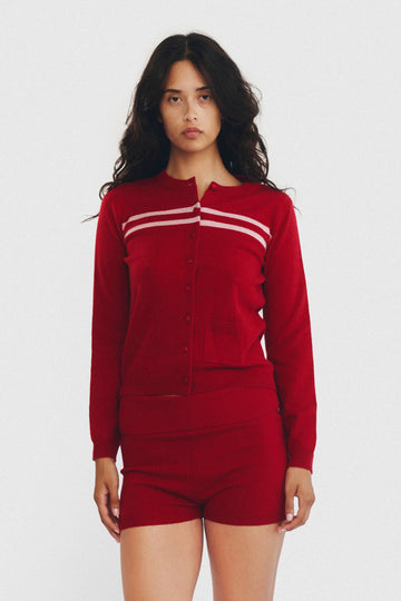 Cashmere Wool Stripe Cardigan In Candy Apple