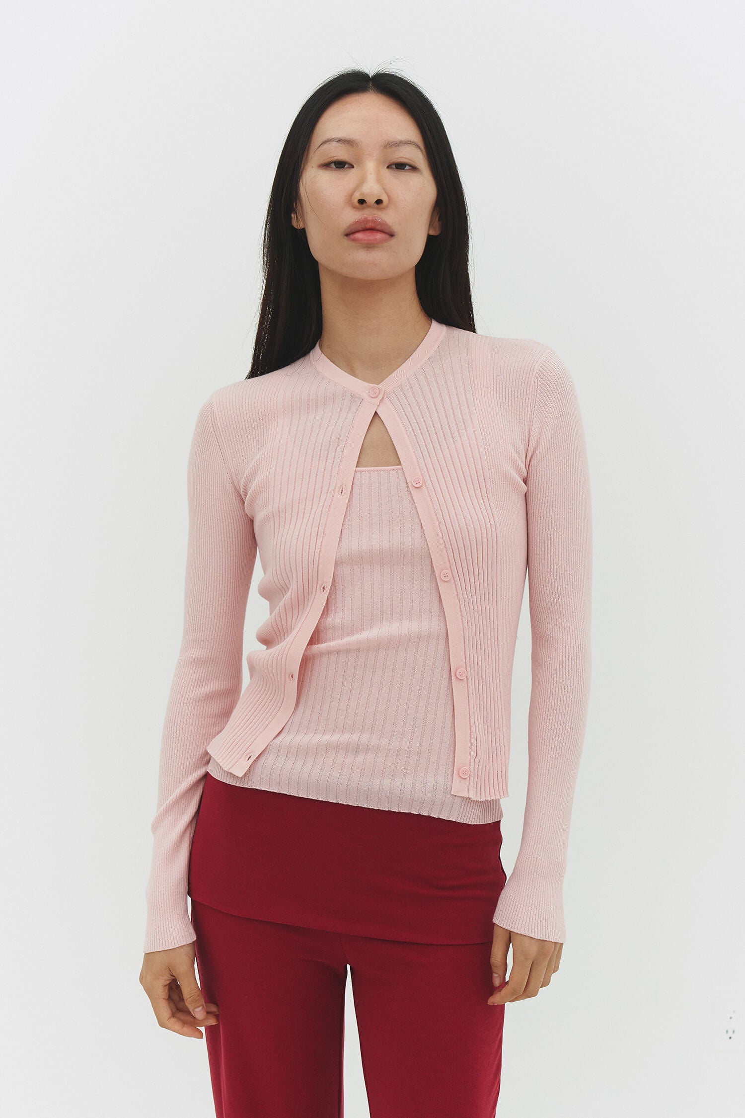 RIBBED KNIT CARDIGAN IN POWDER PINK – findmenowthelabel