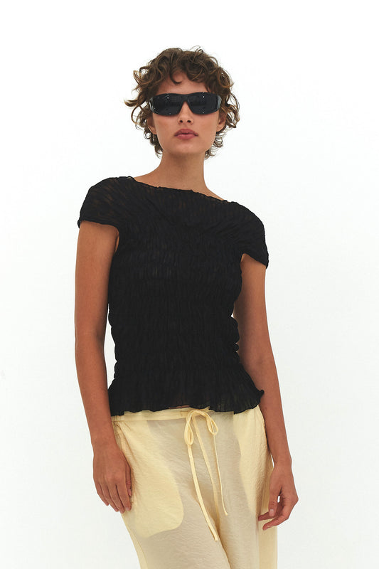 RUCHED ROSS SLVLESS TOP IN BLACK